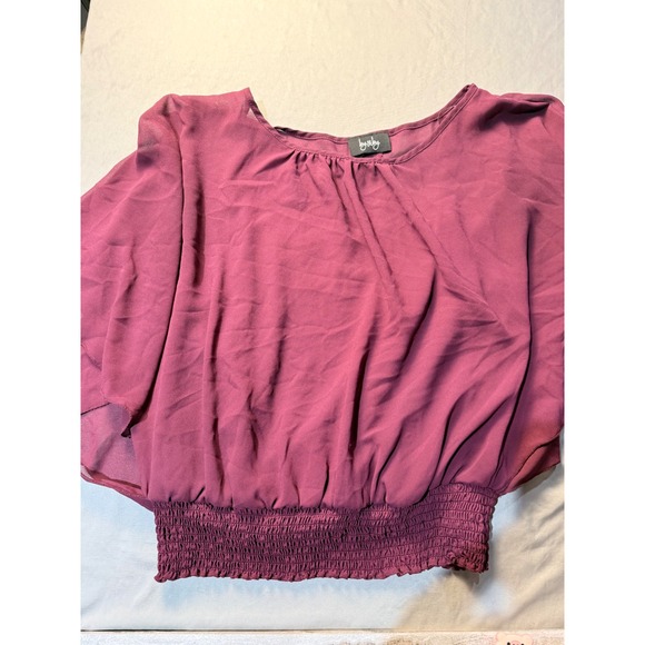 by & by Tops - By & By Womens Smocked Waist Chiffon Blouse Split Flutter Sleeve Burgundy Large